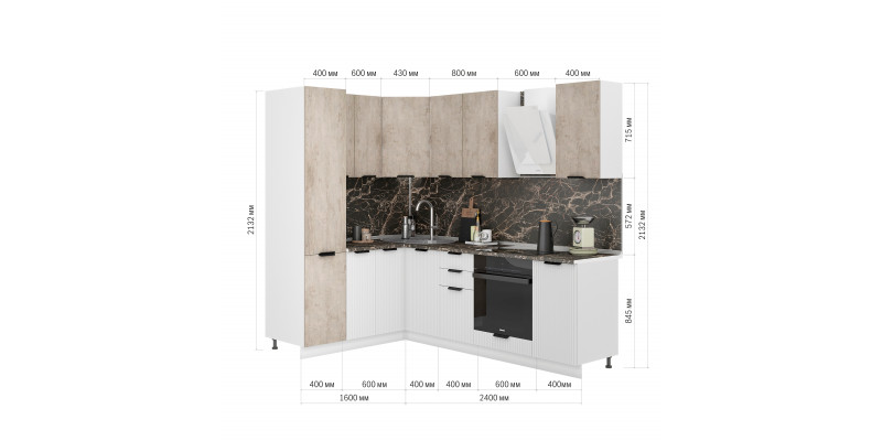 Кухня Норд Line 1,6х2,4 м (белый/камень беж/софт даймонд)