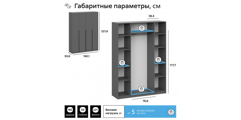 Шкаф "ШКП 5" 1600 (1601*2216*506) Графит текстурный